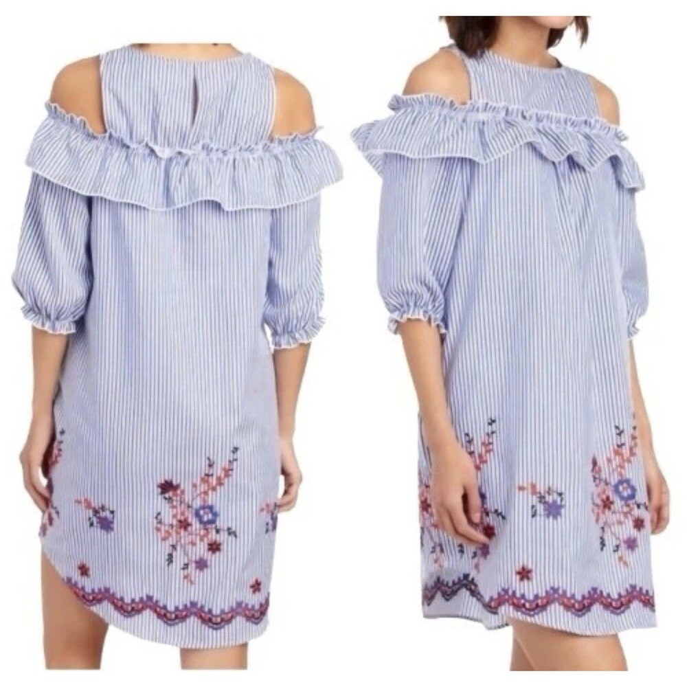 Violet Weekend Blue White Striped Floral Embroidery Dress  Small With Pockets.